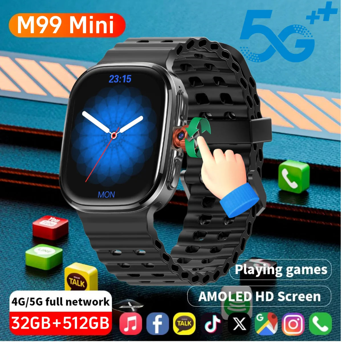 Zestbolt M99 Mini Android 13 Smart Watch 4G SIM GPS AMOLED