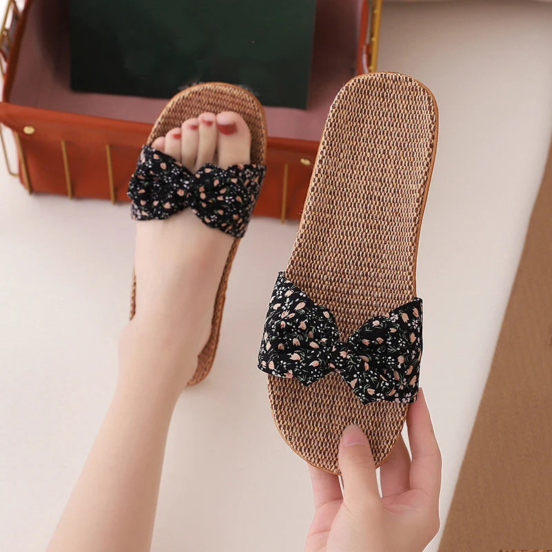 Women's Linen Bow Slippers – Anti-Slip Lightweight Indoor Flats