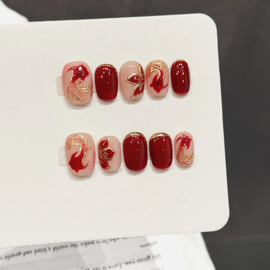 10pcs Handmade Fake Nails Short Square Round With Koi Gold Foil Gradient Design Red Gold Chinese Style Nail Art Press On Nails Peaceful Pleasures Health and Wellness XS 1