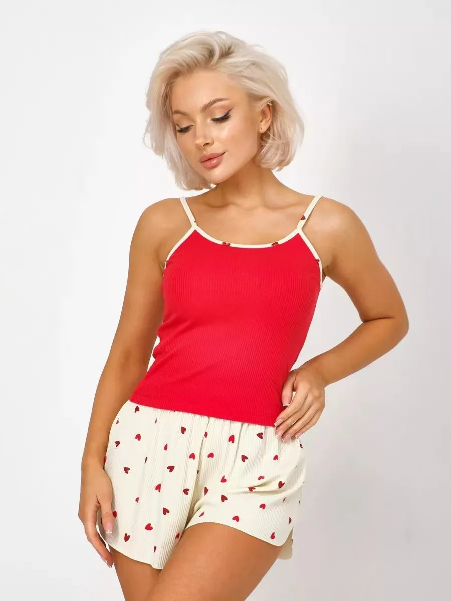 Women’s Heart Print Pajama Set – Sleeveless Knit Camisole and Shorts Summer Loungewear Sleepwear Nightwear Peaceful Pleasures Health and Wellness Red Beige S