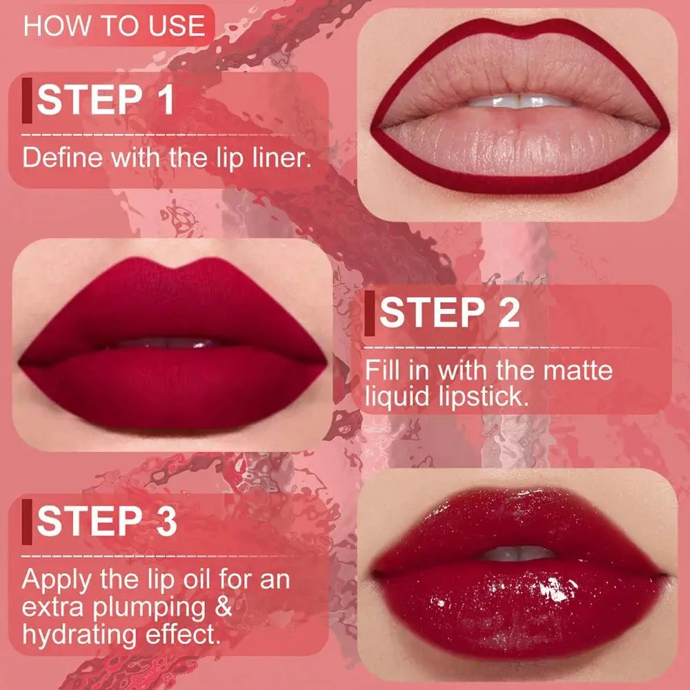 DUNUF 3-Pc Matte Lipstick Set – Lip Liner, Gloss & Oil Kit