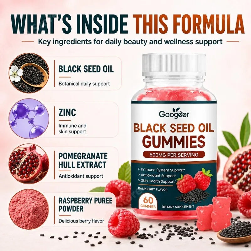 Googeer Black Seed Oil Gummies with Zinc | 60 Raspberry Gummies