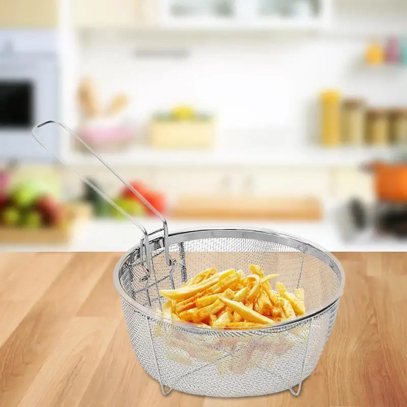 Stainless Steel Deep Fry Basket Round Wire Presentation With Detachable Handle Stainless Steel Drain Basket Fryer Skimmer Peaceful Pleasures Health and Wellness
