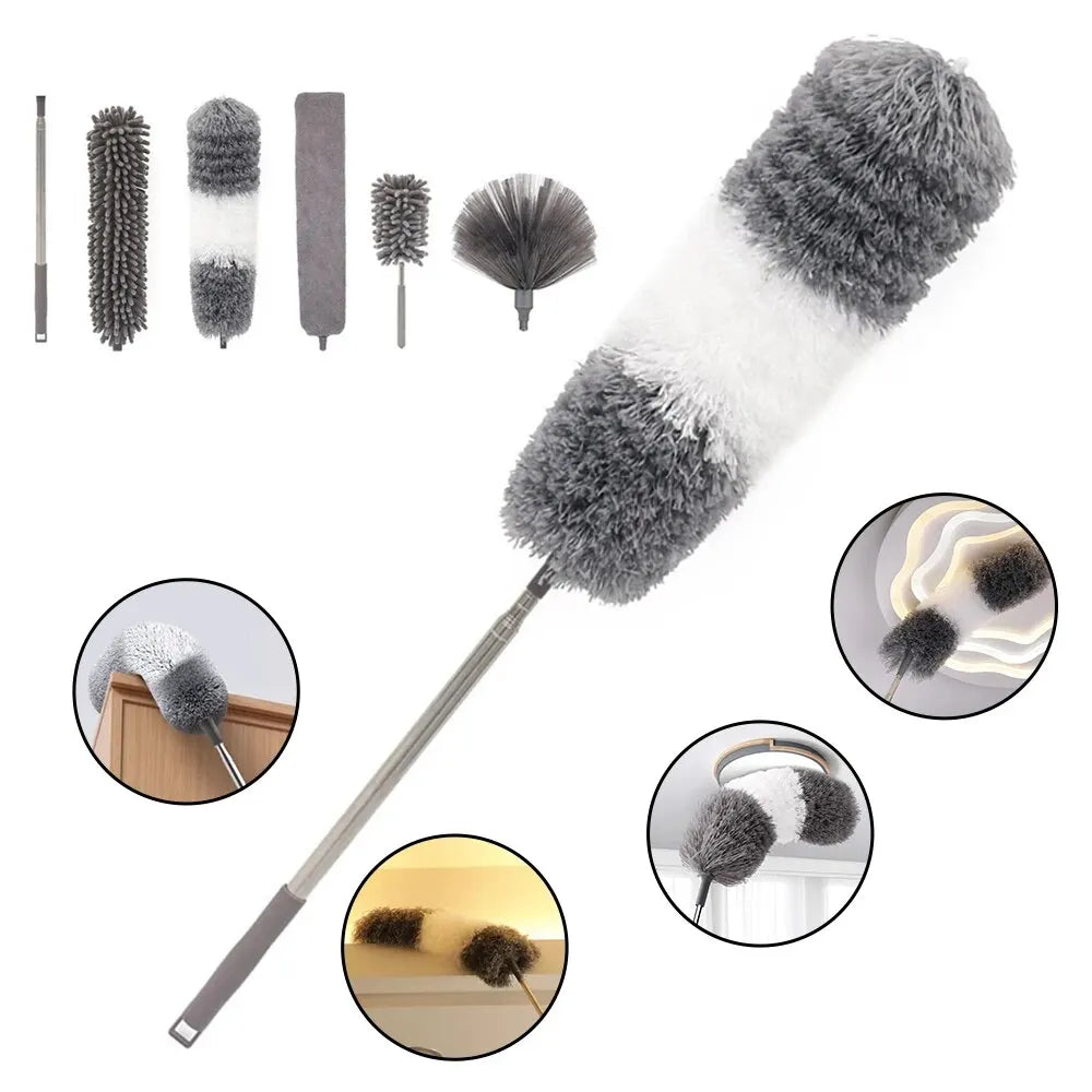 6 Brush Heads 2.8 Meter One Pole Multi Head Dust Collector Extended Ultra-Fine Fiber Ceiling Sweeping Brush Chicken Feather Dust Peaceful Pleasures Health and Wellness