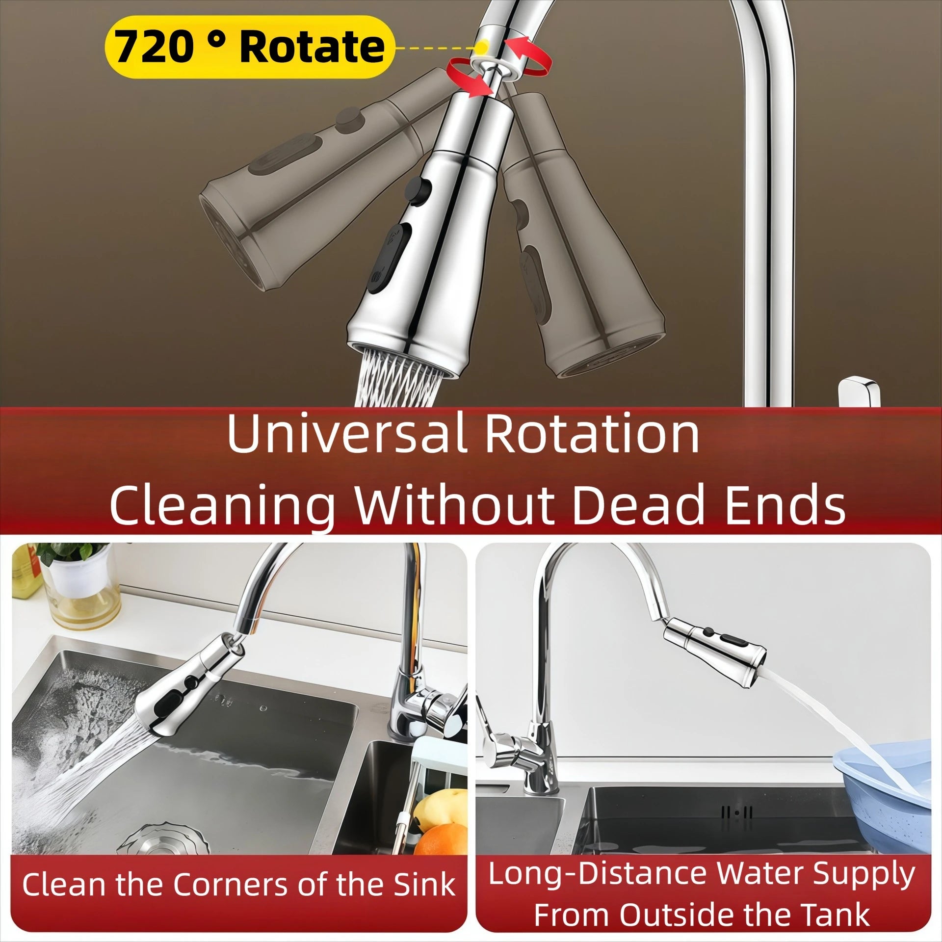 2 In 1 Kitchen Faucet Extender Universal 720° Rotate Pull Out Kitchen Tap Multi-mode Strong Flushing Booster Kitchen Accessories Peaceful Pleasures Health and Wellness