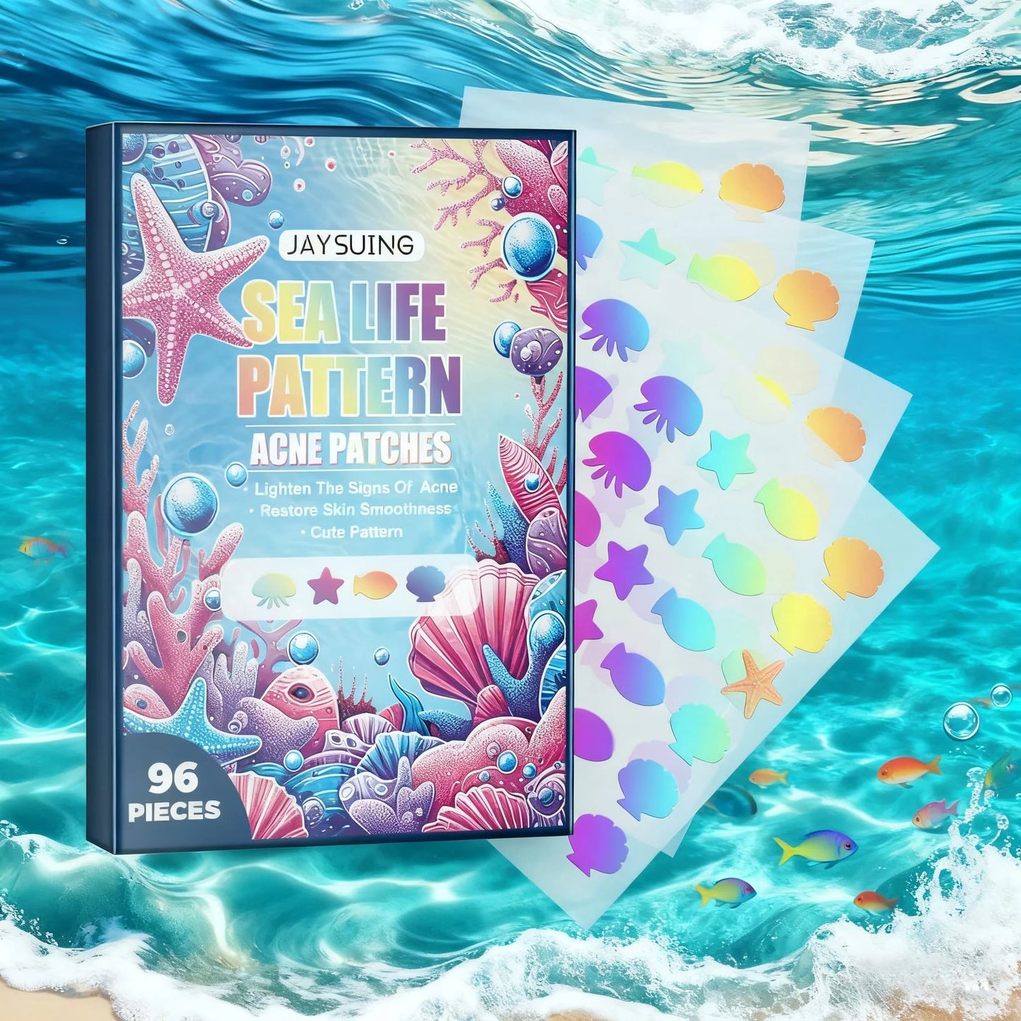 Colorful Hydrocolloid Pimple Patches – Fun Ocean Shapes, 96 ct