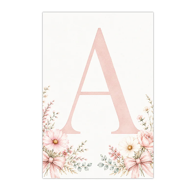 Floral Alphabet Wall Art Custom Letter Canvas Painting Pink Flower Poster Print Nursery Wall Decor Peaceful Pleasures Health and Wellness