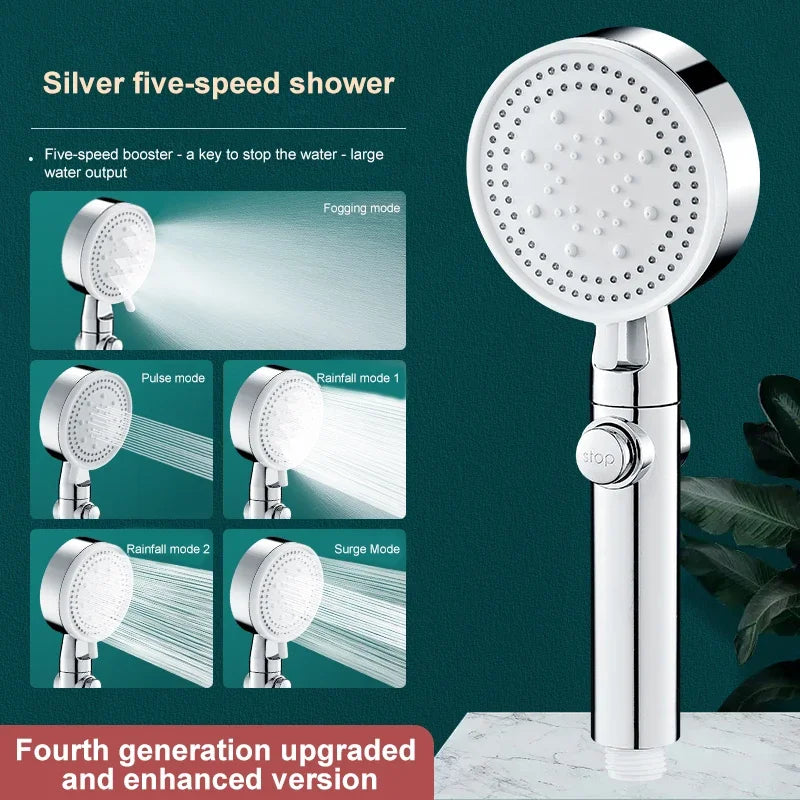 5-Mode High-Pressure Handheld Shower Head with Hose & Stop