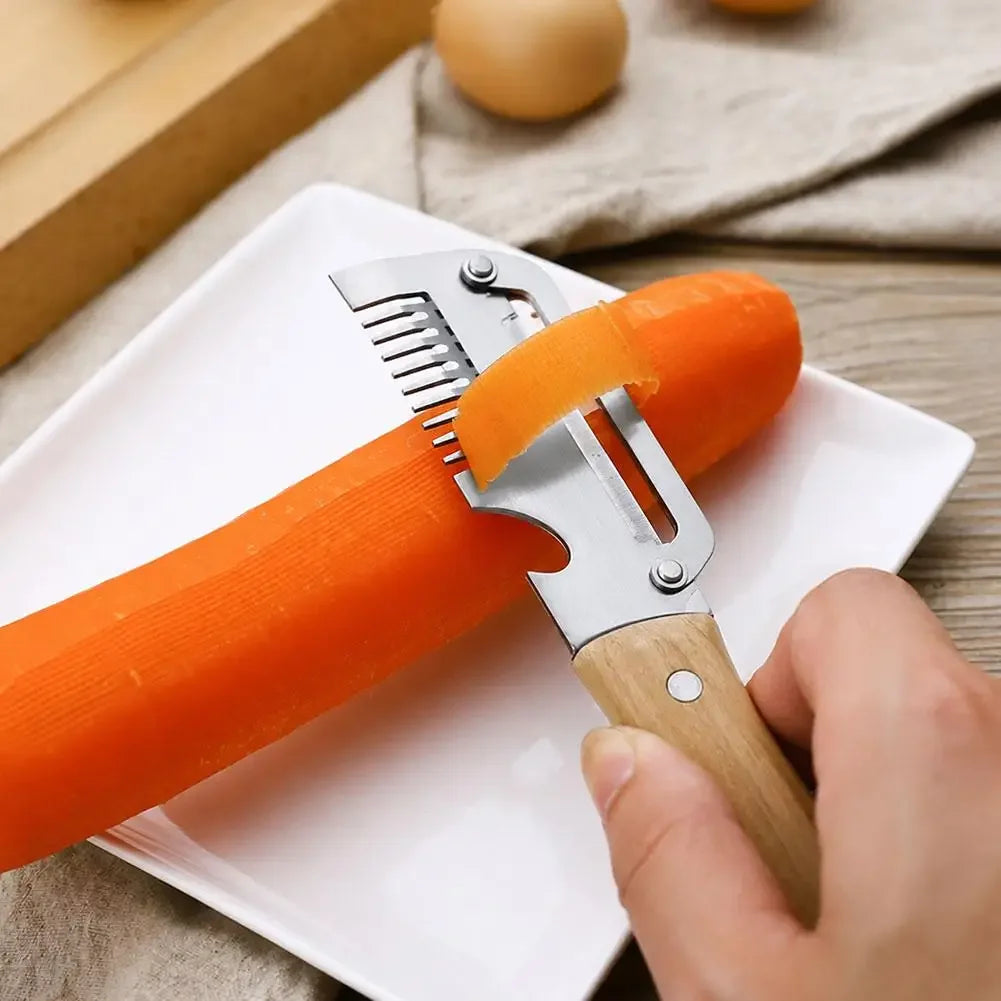 3-in-1 Multifunction Kitchen Peeler, Wooden Handle Stainless Steel Serrated Knife, Vegetable Fruit Peeler Shredder Bottle Opener Peaceful Pleasures Health and Wellness