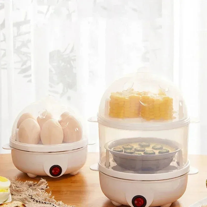 3-in-1 Electric Egg Cooker with Double Tray for Boiling Eggs Steaming Vegetables Compact Tool for Breakfast Cooking Peaceful Pleasures Health and Wellness
