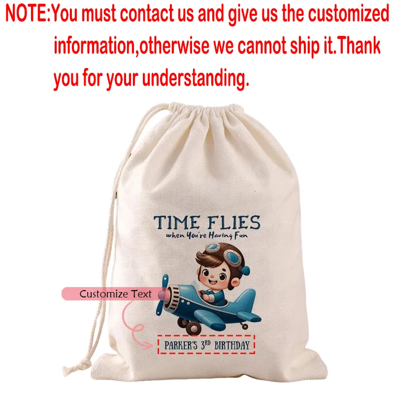 Personalized Pilot Airplane Drawstring Party Favor Bags for Boys