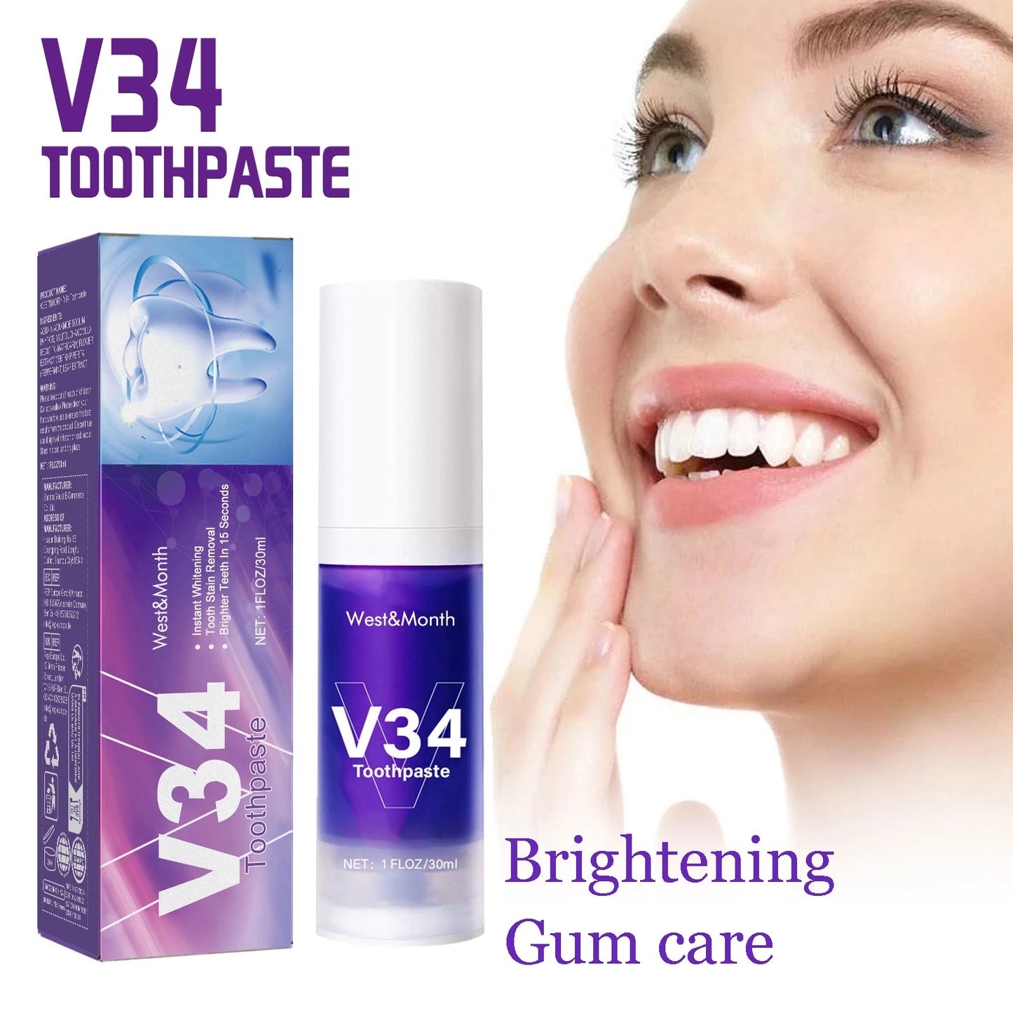 V34 Whitening Toothpaste | Remove Stains & Bad Breath, 30ml