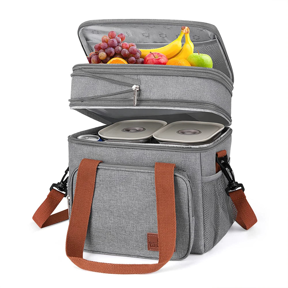 Expandable Insulated Double Deck Lunch Snack Bag 17L Large Cooler Box Leakproof for Work/Picnic/Camping/Travel with Side Pocket Peaceful Pleasures Health and Wellness GRAY