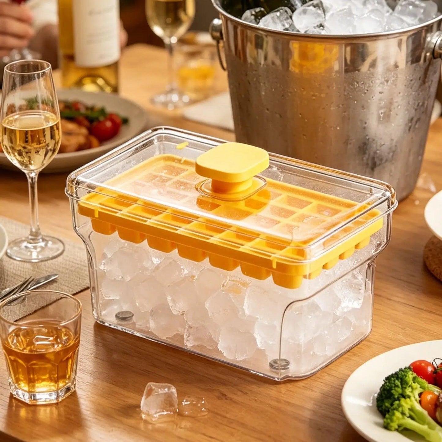 32-Grid Press Ice Cube Tray with Lid & Bin | One-Touch Release
