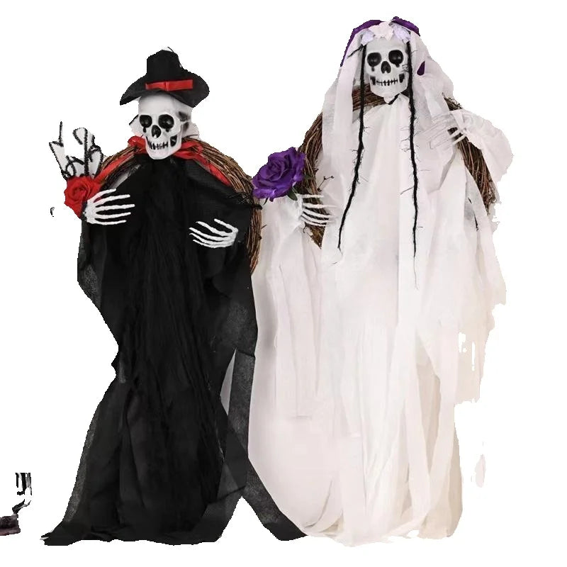 Halloween Rattan Ring Garland Ghost Bride Groom Hanging Pendant