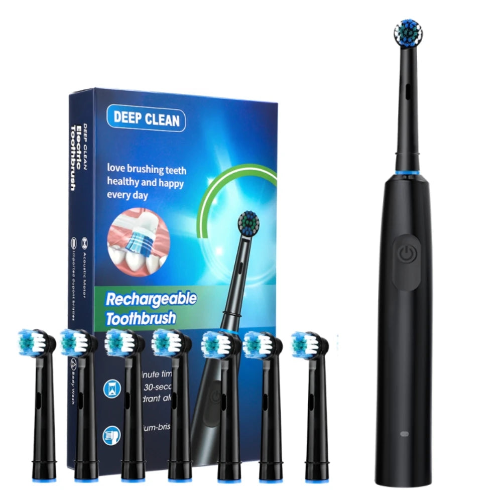 Electric Toothbrush Rotary Rechargeable Teeth Cleaner for Adults Soft Bristles Rotating Round Brush Heads Smart Timer Toothbrush Peaceful Pleasures Health and Wellness Black 8pcs heads