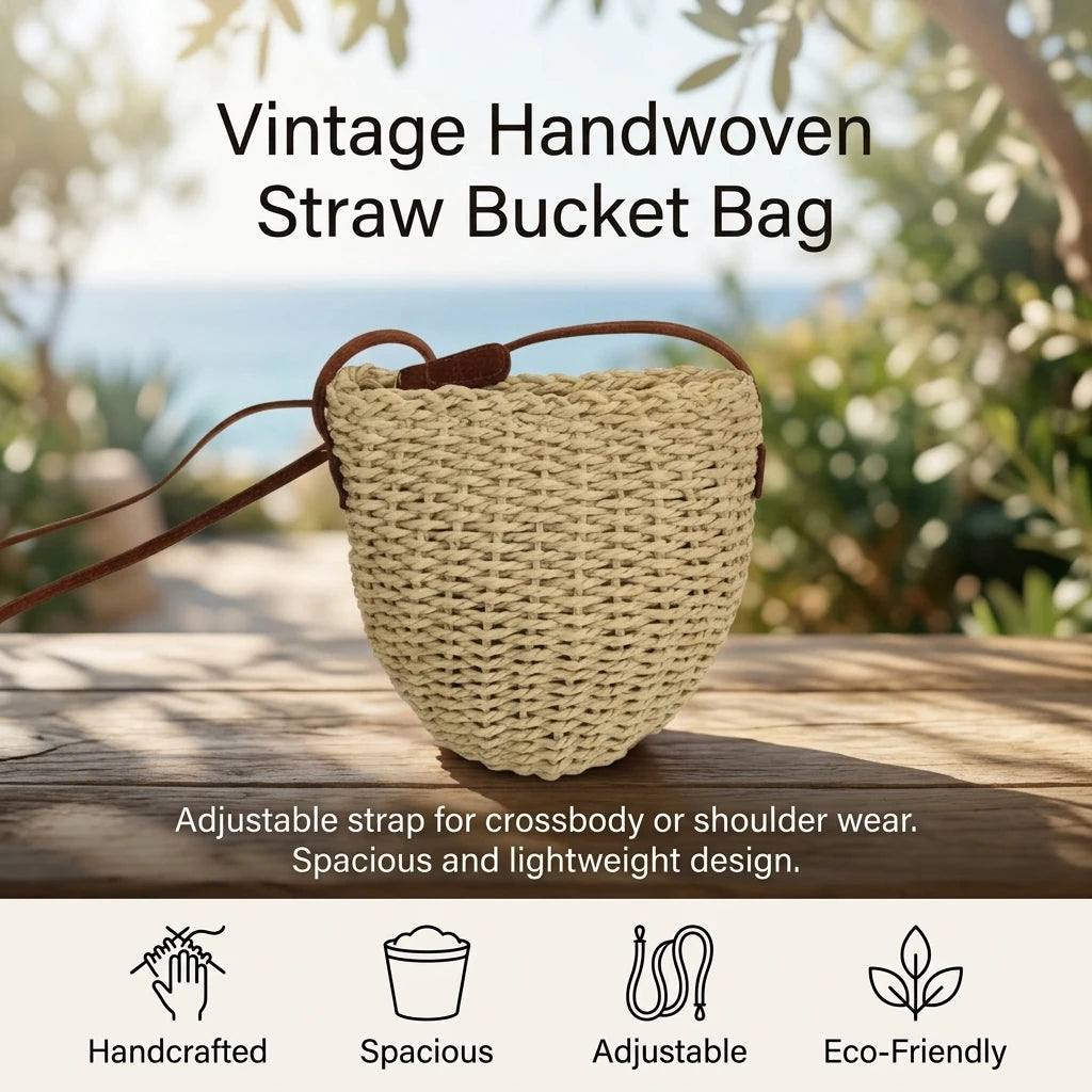 Handwoven Straw Bucket Bag For Women Vintage Style Natural Wicker Crossbody Shoulder Bag With Adjustable Strap Peaceful Pleasures Health and Wellness