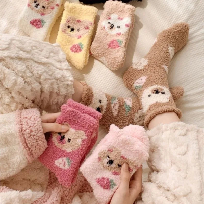 New Fashion Coral Fleece Women Socks Warm Home Floor Socks Strawberry Bear Socks Mid Tube Sleep Socks Plush Socks Added Fleece Peaceful Pleasures Health and Wellness