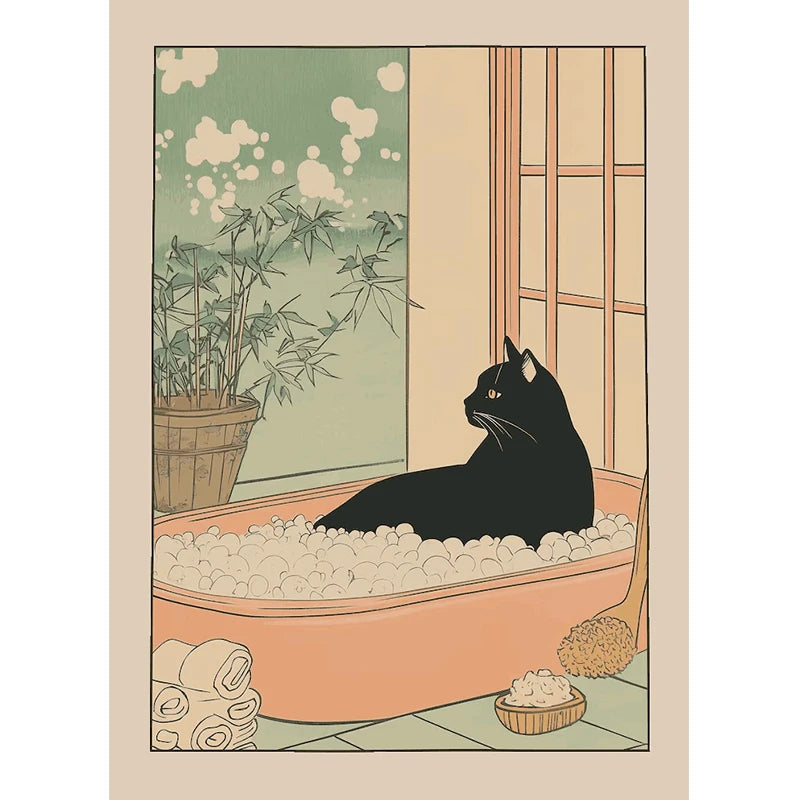 Japanese Cute Animals Bathtub Canvas Wall Art | Bathroom Decor
