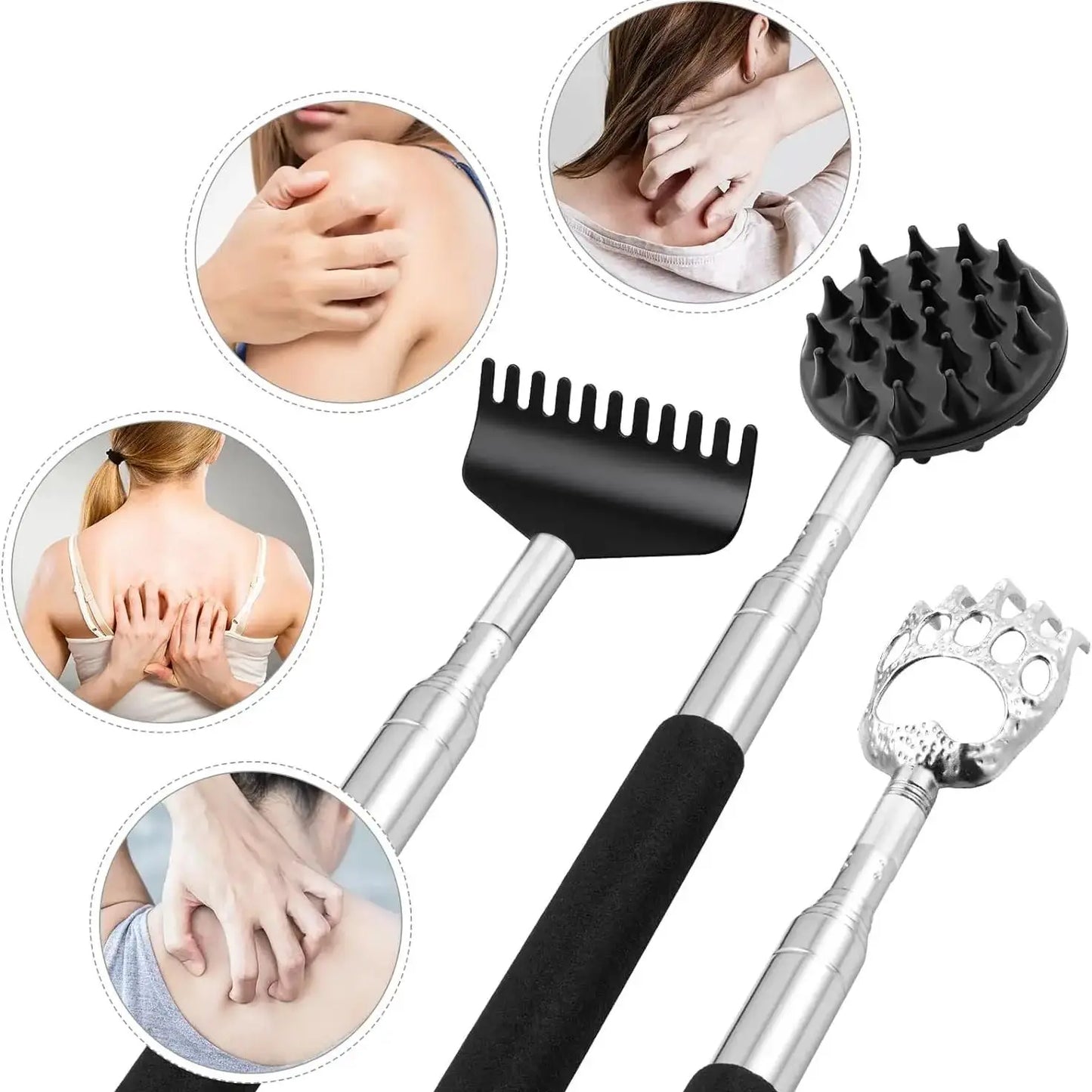 Itchy Scratch Retractable Back Gripper Double-Sided with 3 Detachable Gripper Heads Metal Claw/Rake for Hard-to-Reach Areas Peaceful Pleasures Health and Wellness