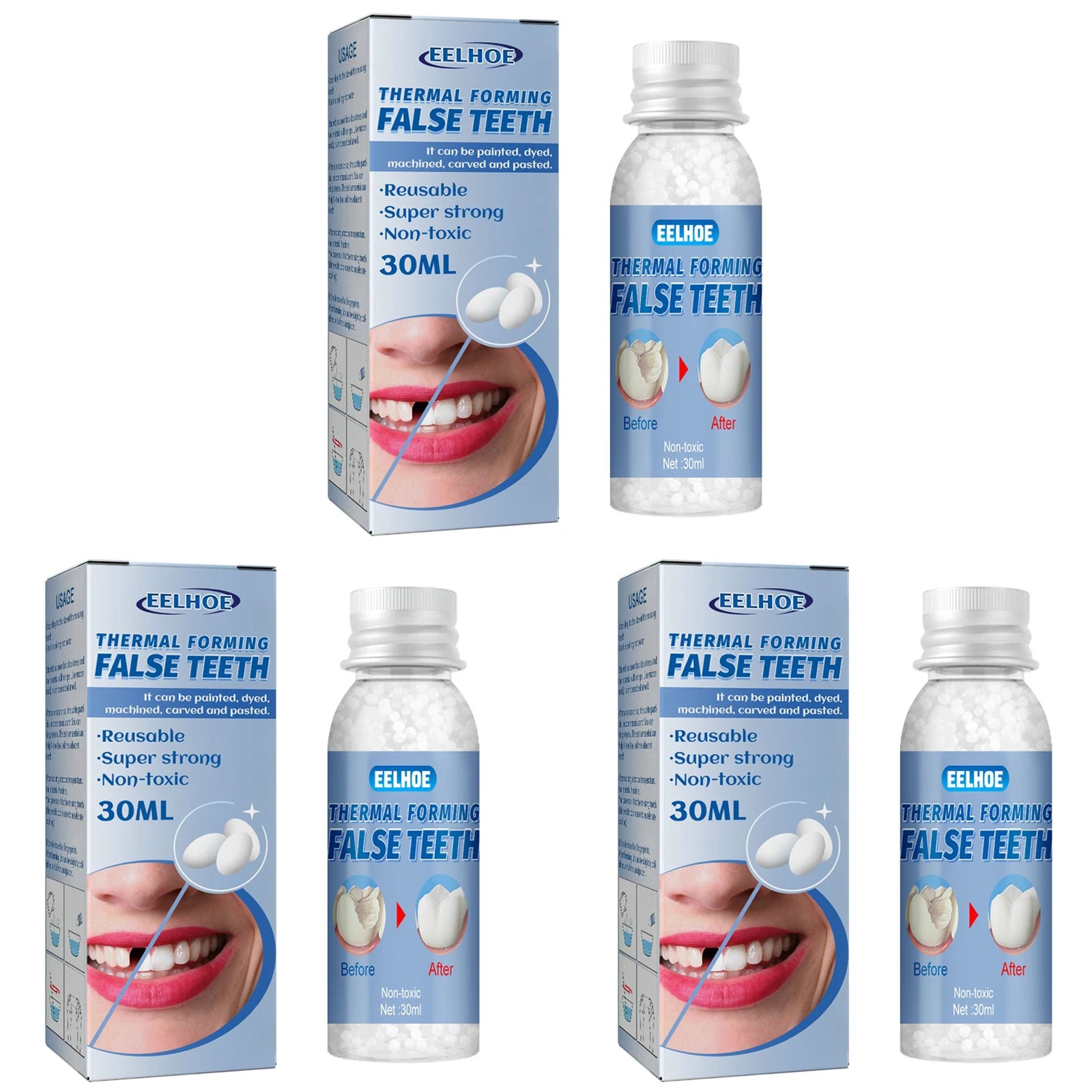 Thermal Forming False Teeth Quickly Filling Gap Between Teeth Avoid Dust Bacteria High Wear Resistance Shapeable Dental Adhesive Peaceful Pleasures Health and Wellness 3 x 30ml Boxed