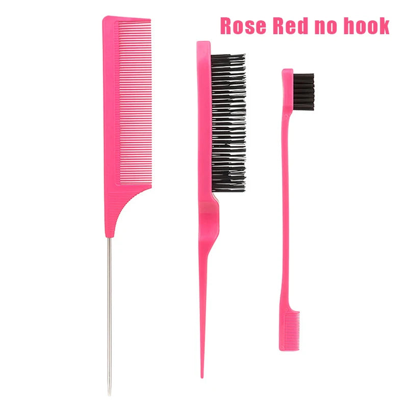 3-Piece Hair Styling Comb & Brush Set – Edge & Rat Tail Comb Hair Comb Brush Set Peaceful Pleasures Health and Wellness no hook Rose red