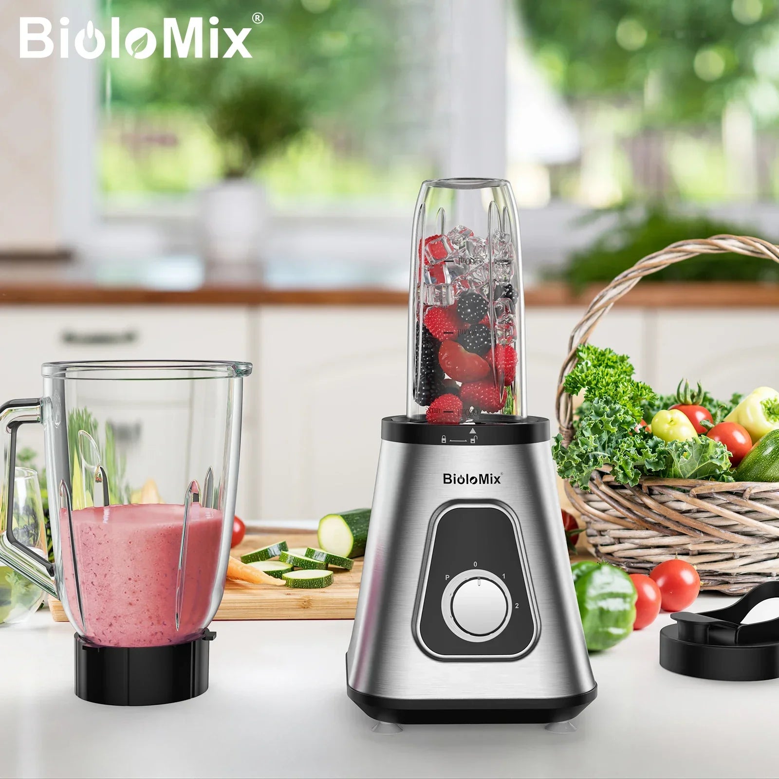 BioloMix 1300W 2-in-1 Blender – 1.5L Glass Jar & Travel Cup Blender BioloMix