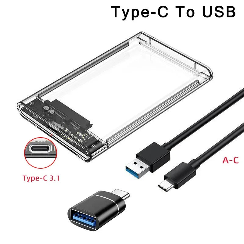 Transparent HDD Case HDD Enclosure 2.5 inch SATA To USB 3.0 Type-C 3.1 UASP Clear Hard Drive Case Harddisk Boxs Tool-Free Peaceful Pleasures Health and Wellness USB C-USB A OTG