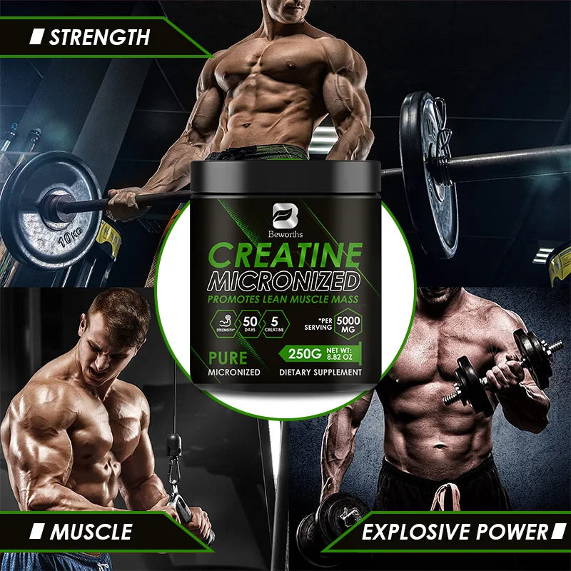 Creatine supplement container with muscular individuals lifting weights on a dark background