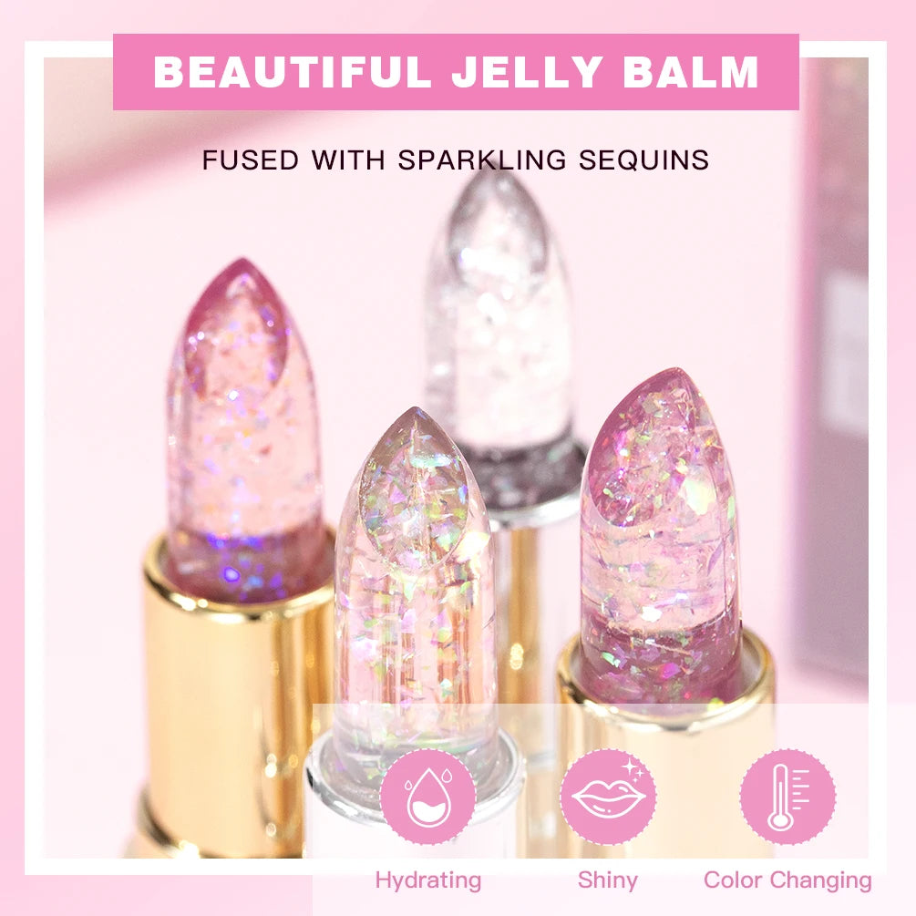 QIBEST Glitter Lipstick Lip Balm Color Change Transparent Moisturizing Crystal Jelly Pearlescent Lip Plumper Gloss Tint Cosmetic Peaceful Pleasures Health and Wellness