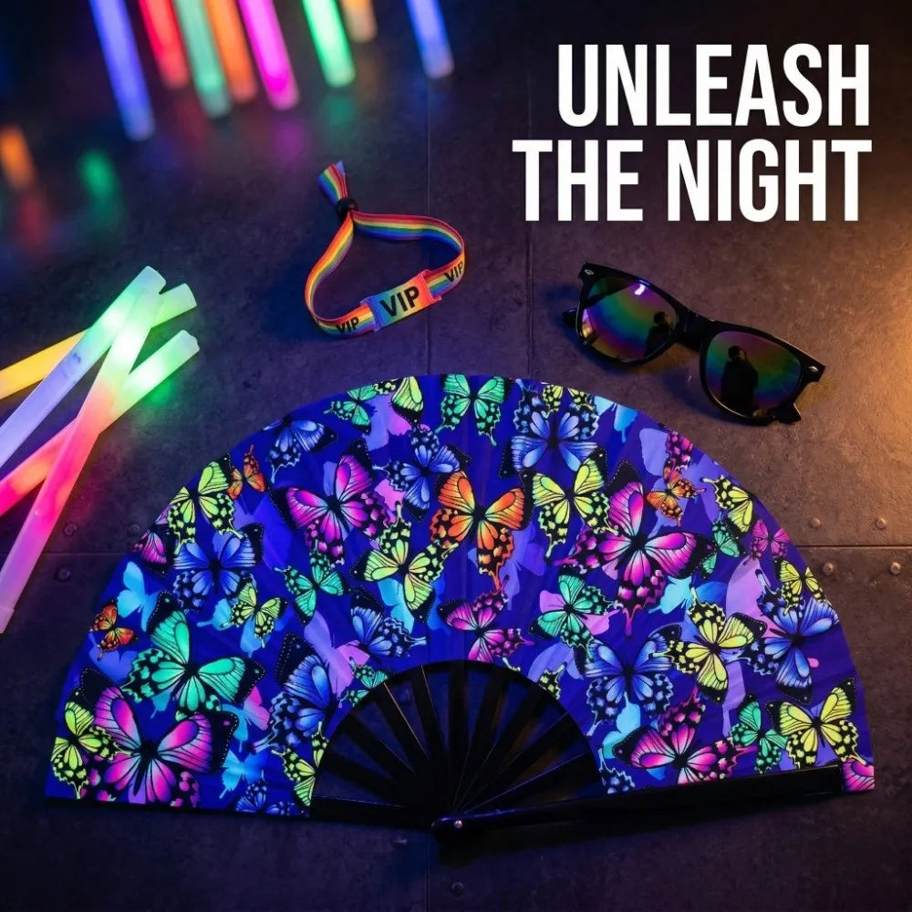 UV Glow 33cm Folding Hand Fan – Rave, Festival & Dance