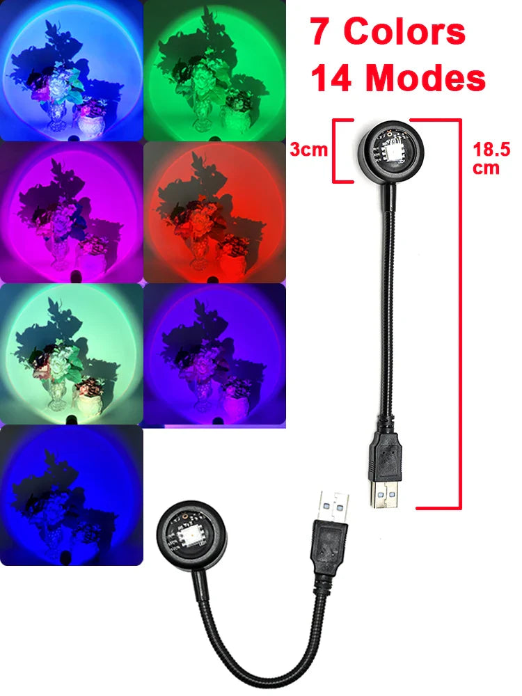 USB LED Sunset Lamp – RGB Night Light Projector for Bedroom