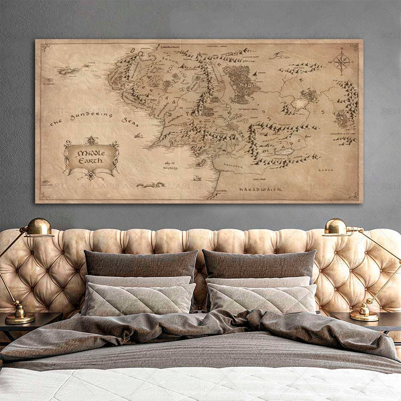 Map Canvas Painting Vintage Middle-earth Map Poster Movie Wall Art Pictures for Home Living Room Decor Unframed Pictures Peaceful Pleasures Health and Wellness