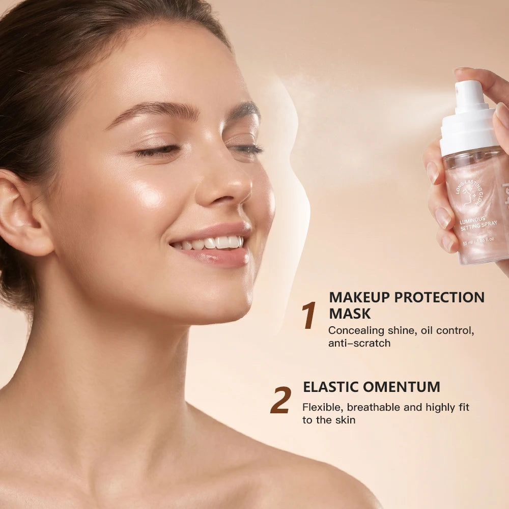 Luminous Shimmery Champagne Pink Setting Spray Liquid Long Lasting Waterproof Smudge Resistant Dewy Radiant Glow Multi‑use Face Peaceful Pleasures Health and Wellness