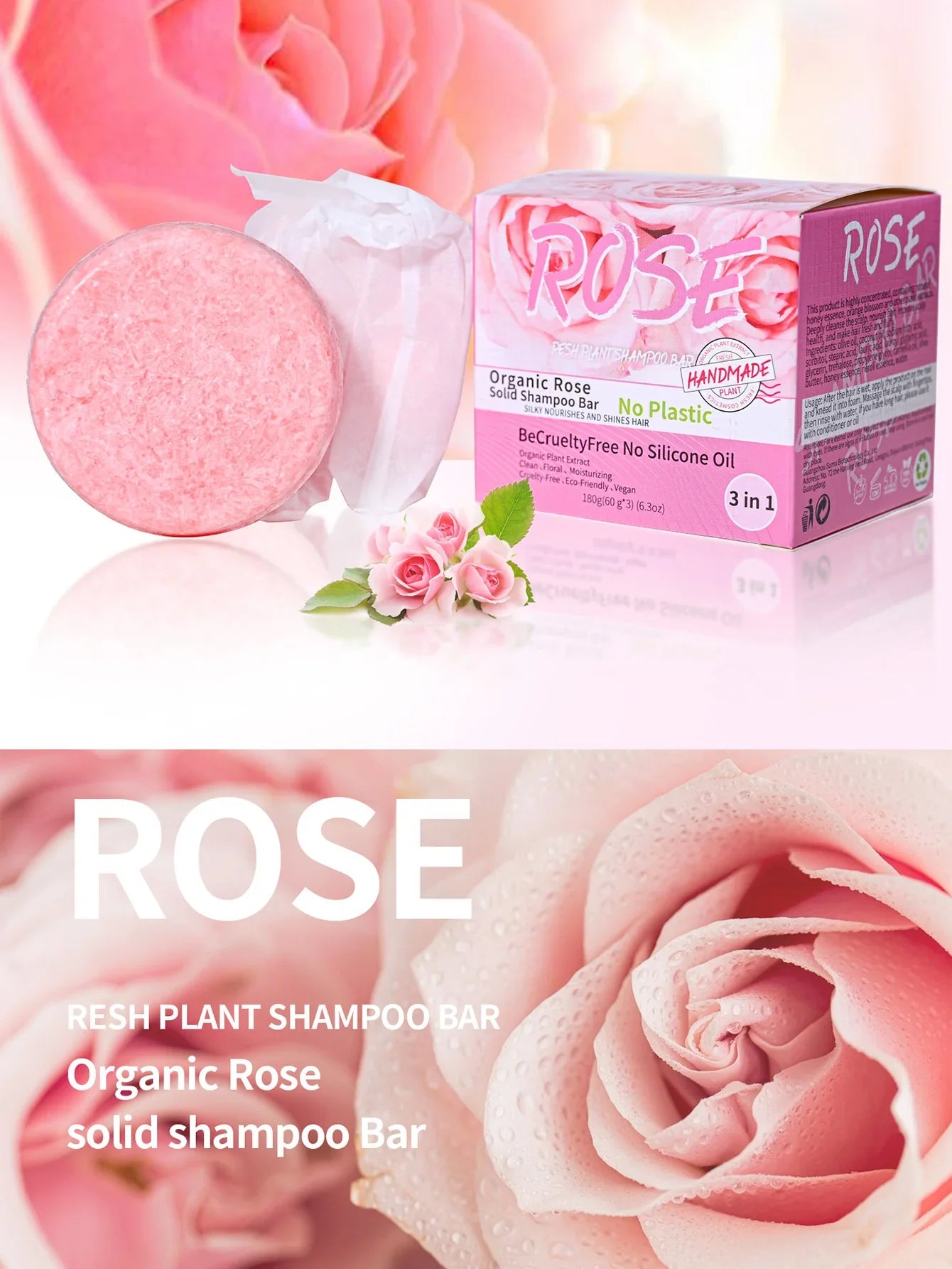 Damascus Rose Solid Shampoo Bar – Moisturizing 3-Pack | 60g