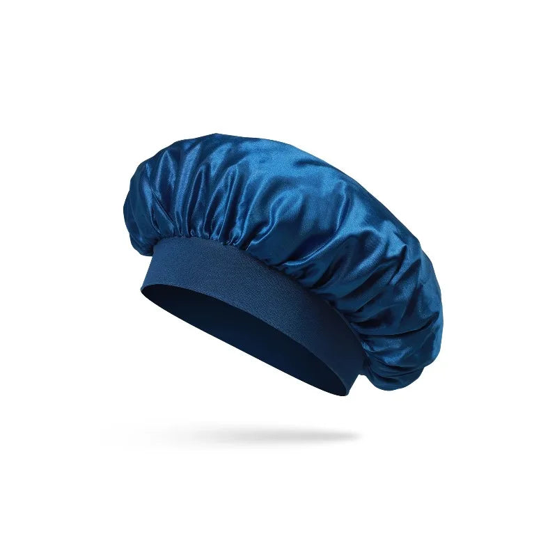 Silk Satin Bonnet for Sleeping Large Wide Soft Band Sleep Cap Women's Curly Hair Braids Protective Style Hair Accessory Peaceful Pleasures Health and Wellness Blue