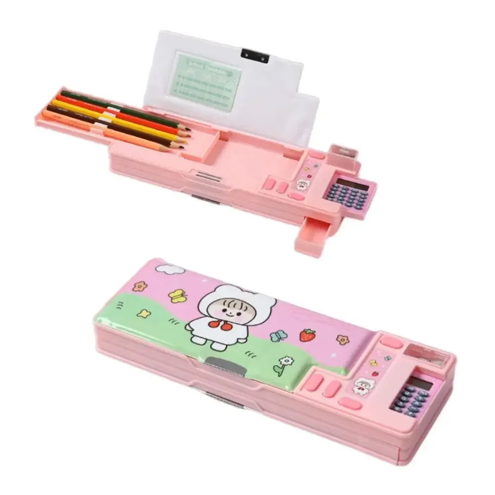 Double Layer Pencil Case Astronaut/Animal Design Pencil Sharpener Pencil Box Plastic With Calculator Stationery Organizer Peaceful Pleasures Health and Wellness Pink