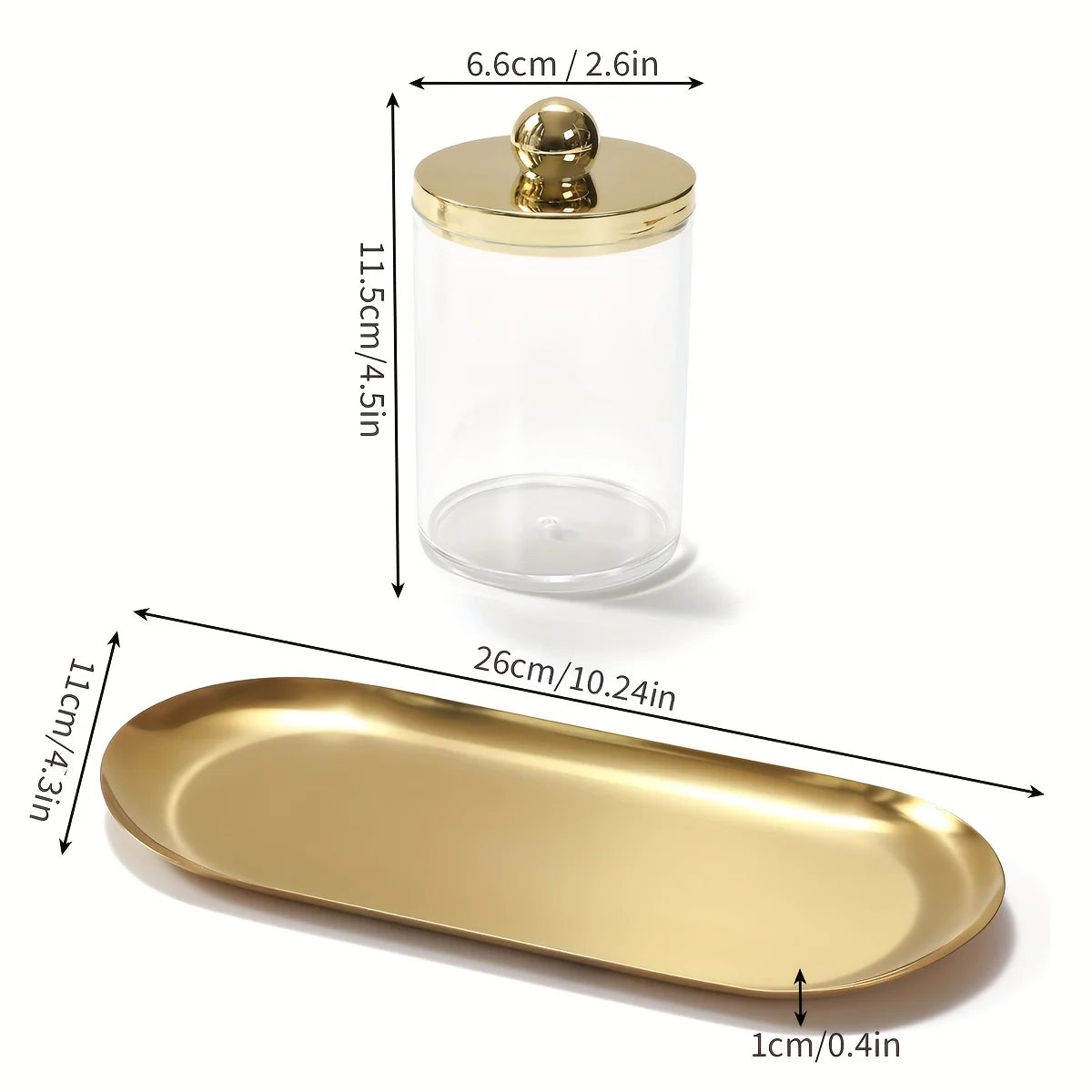 Apothecary Qtip Holder Bathroom Set with Vanity Tray – Acrylic Canister & Dispenser (2 or 3 Piece)