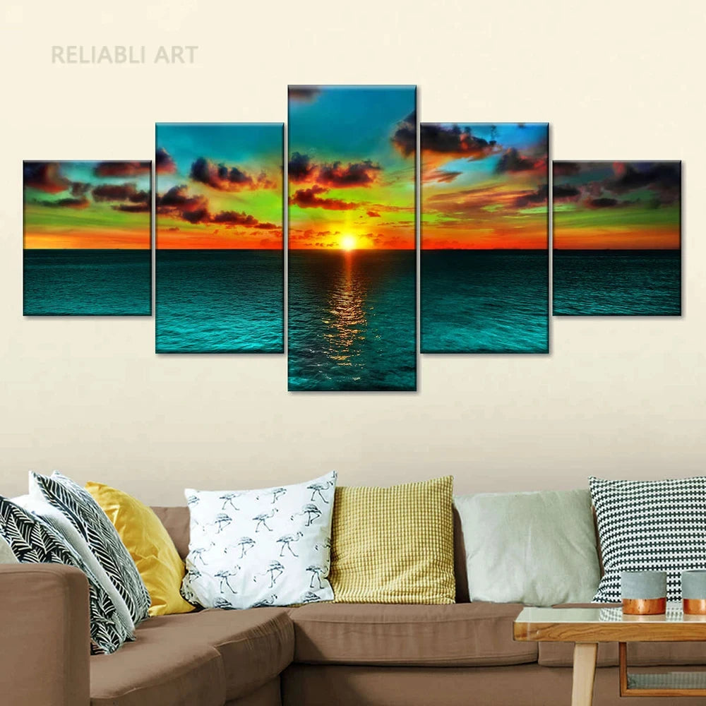 5pcs Cleopatra Ocean Canvas Painting Wall Art Orange Sky Ocean Beach Multi Turkey Sand Beach Sunrise Wall Decor No Frame Peaceful Pleasures Health and Wellness 5pcs 6 20x35-20x45-20x55cm