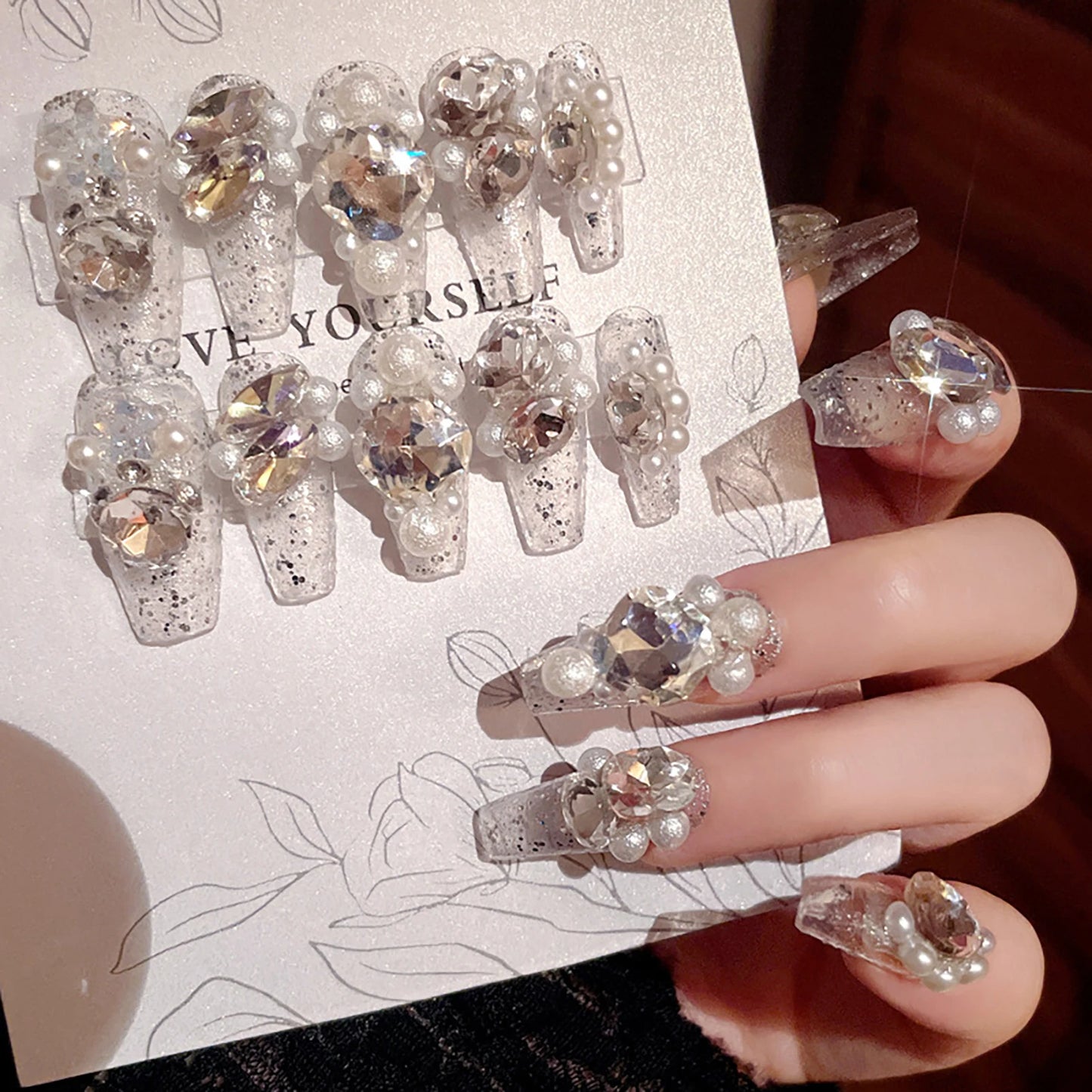 24pcs New Year Heavy Metal Press on Nails Chinese Bride Wedding Fake Nails Full Cover Wearable Shiny Large Crystal False Nails Peaceful Pleasures Health and Wellness style 15