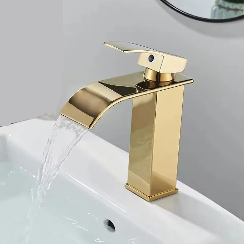 Brushed Gold Waterfall Bathroom Faucet | Single Handle Deck Mount