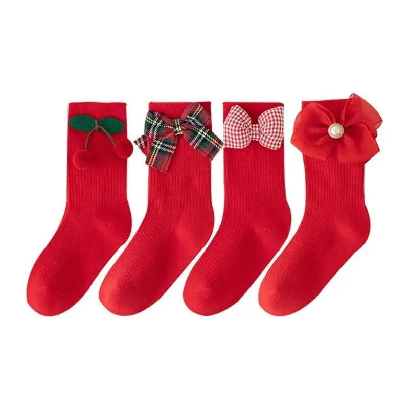 Girls Cotton Bowknot Socks 4-Pack | Middle Calf Kids Socks