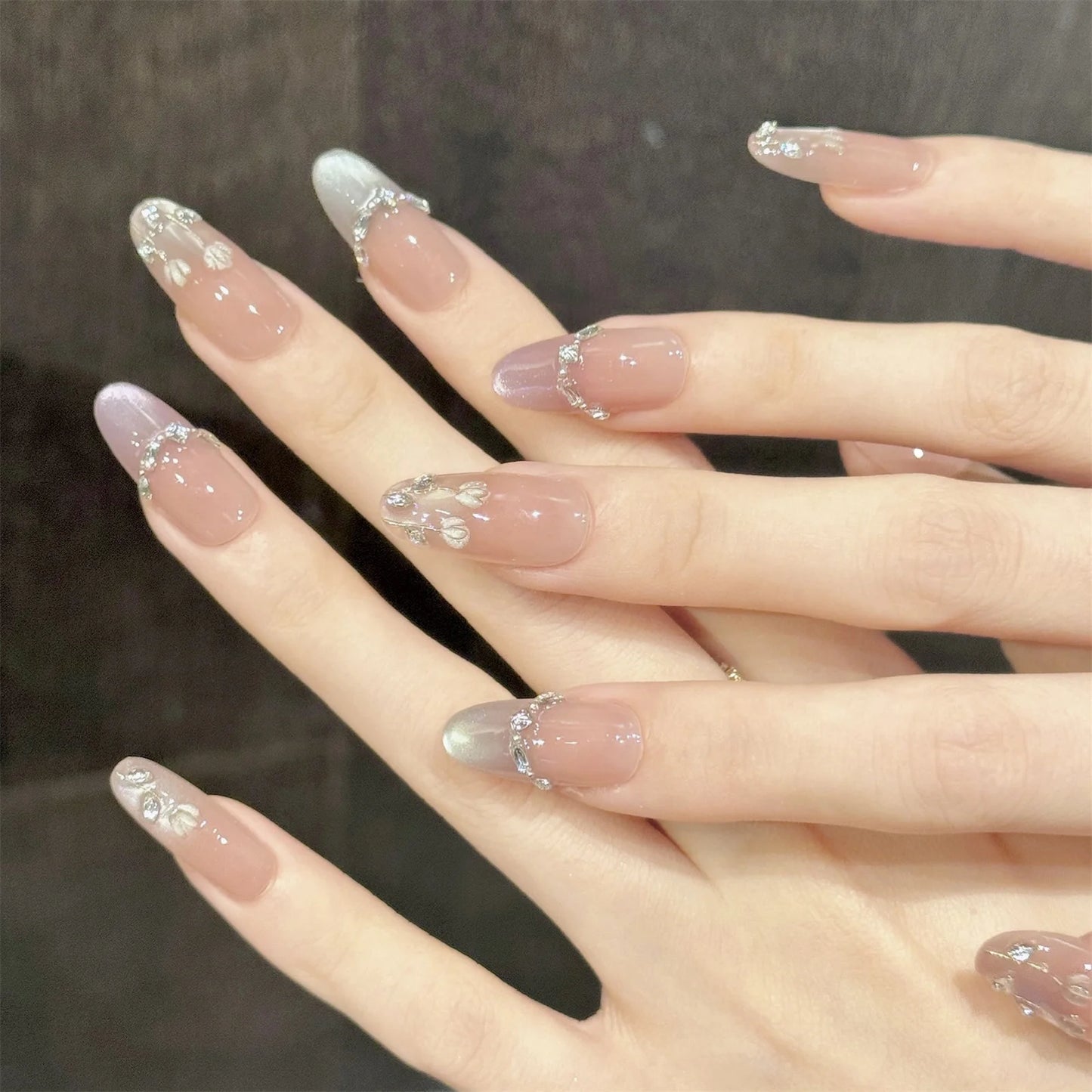 Handmade Press-On Nails Pink Gradient Cat Eye Coffin 10pcs