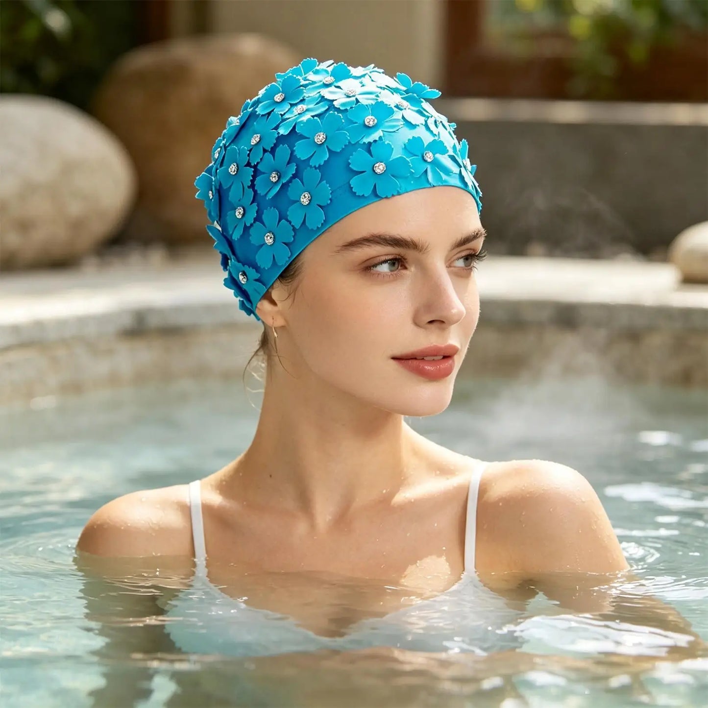 Rhinestone Flower Swim Cap for Women – Waterproof Bathing Hat