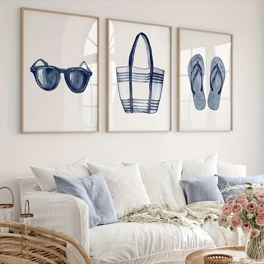 3pcsModern Blue Summer Glasses, Beach Bags, Flip-Flop Wall Art Print Canvas Painting Poster Picture For Living Room Home Decor Peaceful Pleasures Health and Wellness