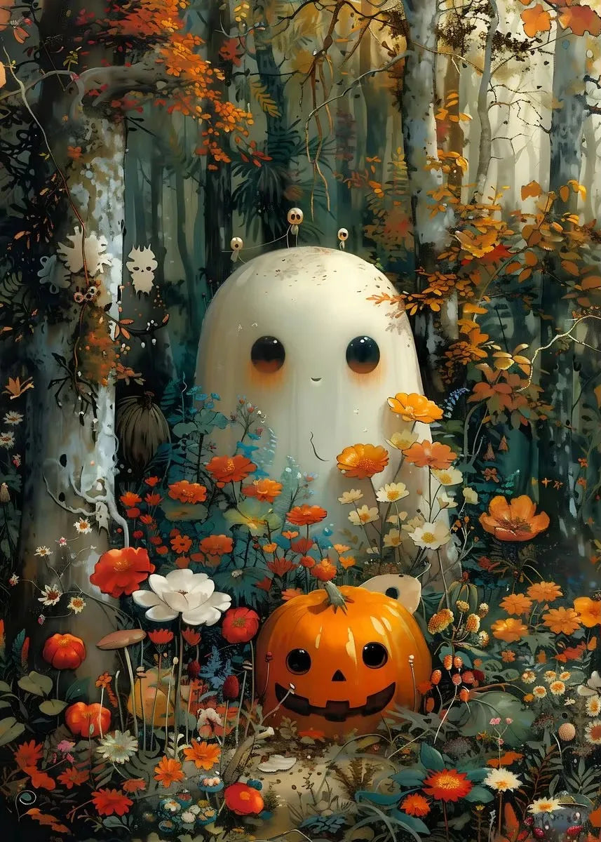 Halloween Ghost & Pumpkin Canvas Wall Art | Dark Academia Poster Canvas Wall Art Peaceful Pleasures Health and Wellness ZLH5358 40x50cm No Frame