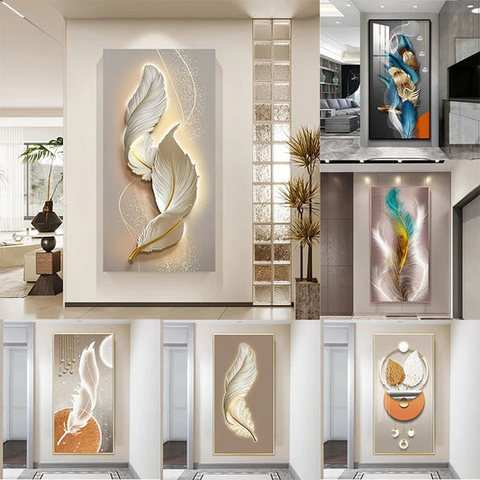 Nordic Luxury Abstract Wall Art Golden White Feathers Canvas Painting Gold Ribbon Posters for Porch Corridor Home Decoration Peaceful Pleasures Health and Wellness