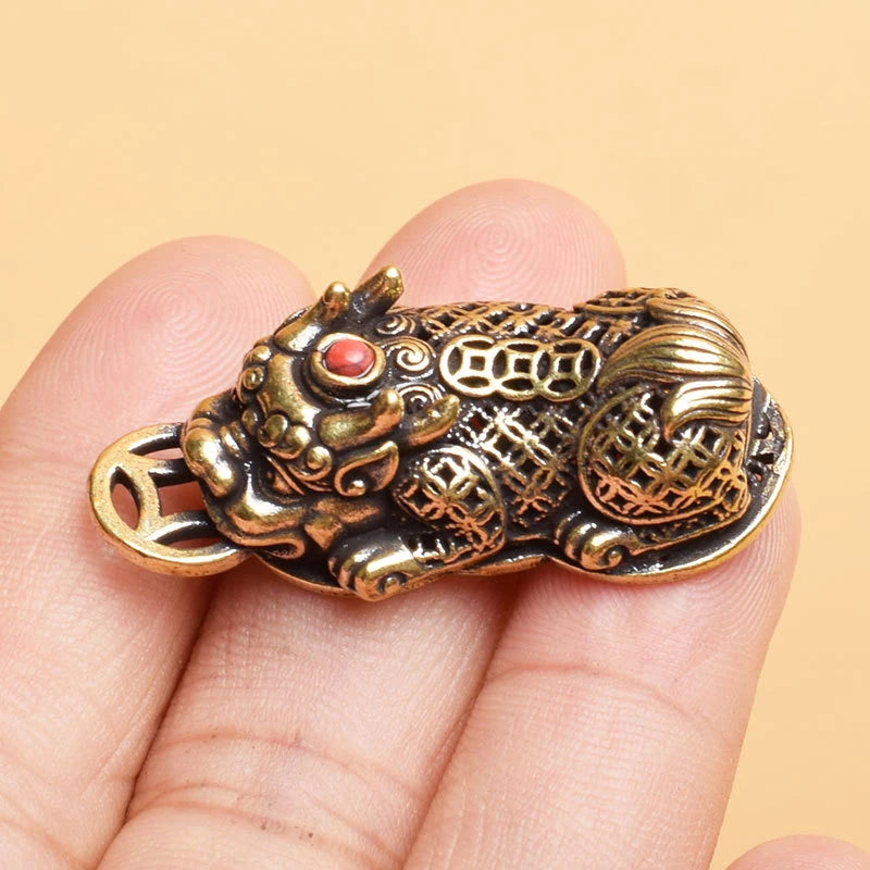 Mini Brass Pixiu Statue Coin Charm | Chinese Lucky Figurine