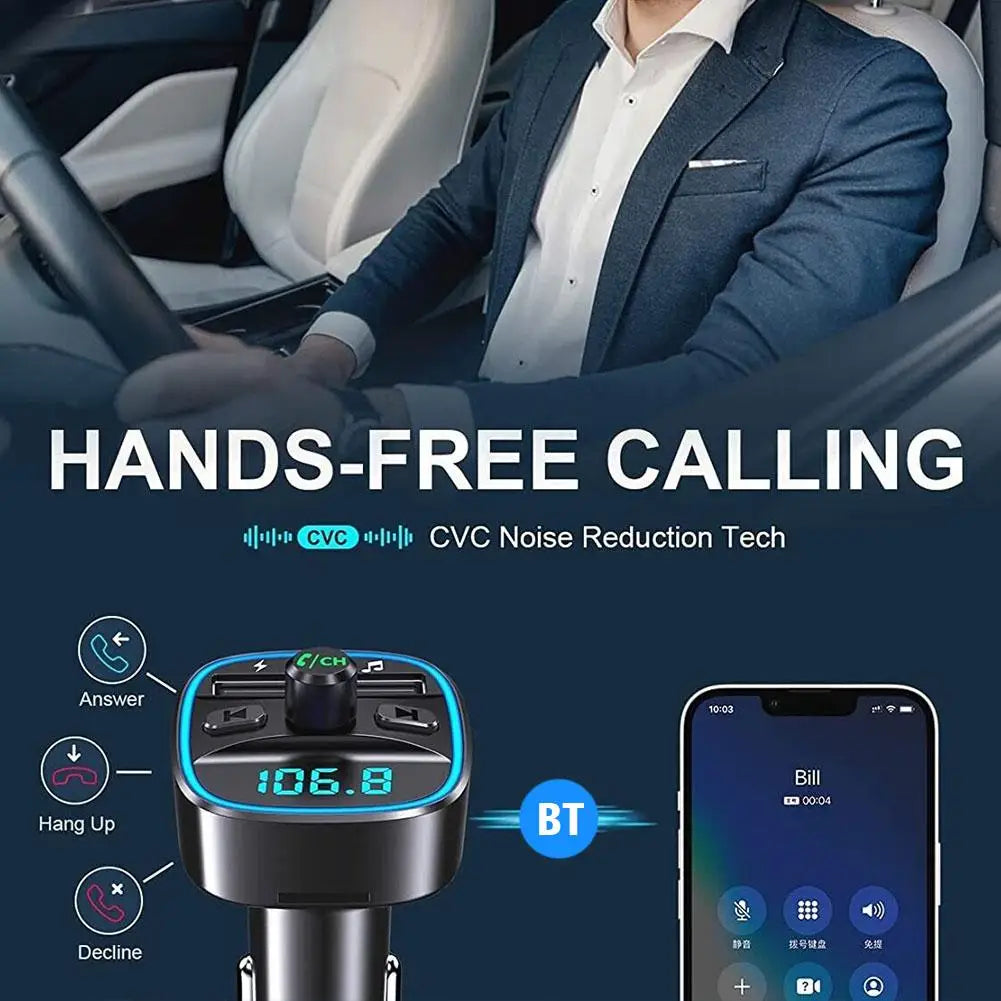 Bluetooth 5.0 Dual USB Port Charging Hands-free Calling Blue LED Light Fast Charging FM Transmitter Car Adapter Car Accessories Peaceful Pleasures Health and Wellness