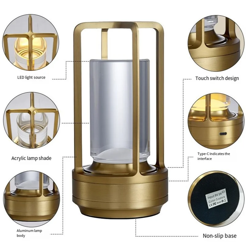 A36T-LED Table Lamp Rechargeable Touch Night Light Bedroom Bedside Table Lamp Restaurant Decorative Lamp Peaceful Pleasures Health and Wellness Silver NONE